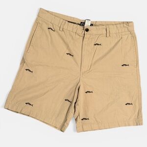 Chaps Ralph Lauren Khaki Chino Shorts Sz 38 Embroidered Fishbone Pattern Cotton